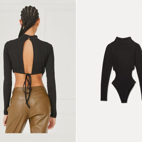 Something Navy Black Cut Out Bodysuit w/ Open Tie Back | Size M/Medium - Picture 3 of 7